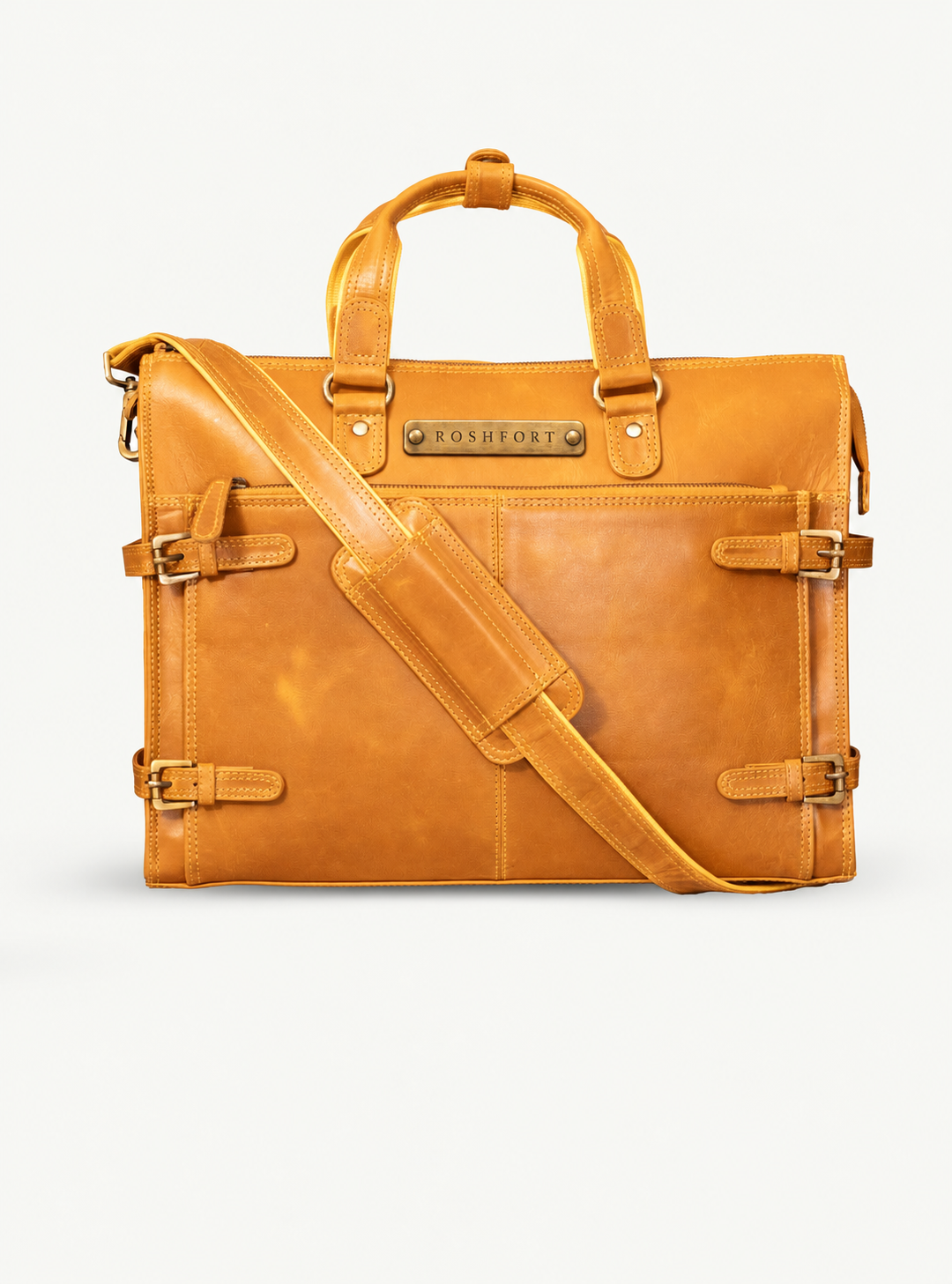 ROSHFORT Albert briefcase in mustard with its detachable leather shoulder strap