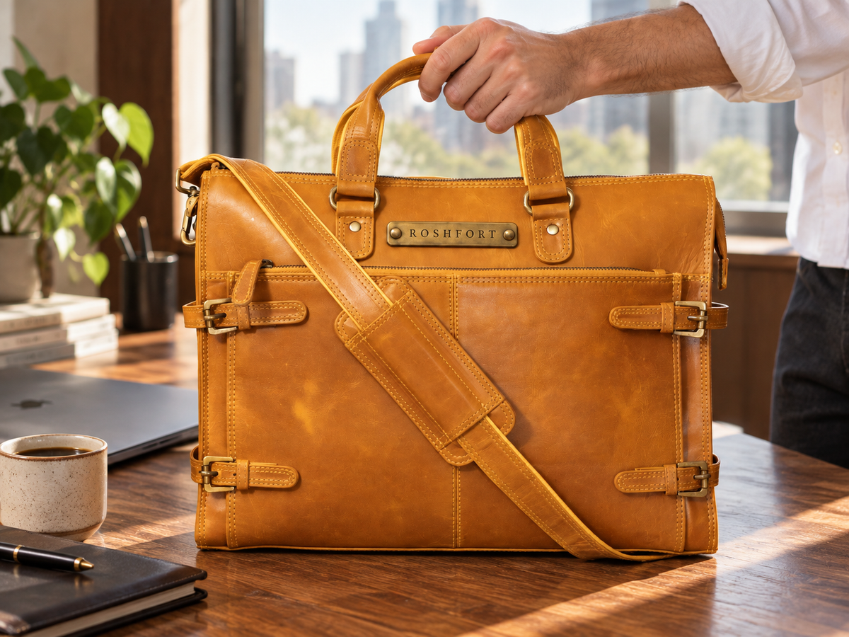 The mustard Albert briefcase on a wooden desk in morning light, being lifted by its handle