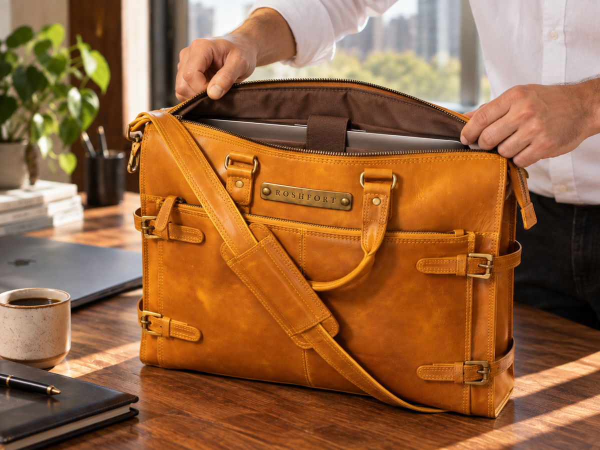 The mustard Albert briefcase being opened, showing the fabric-lined interior and padded divider