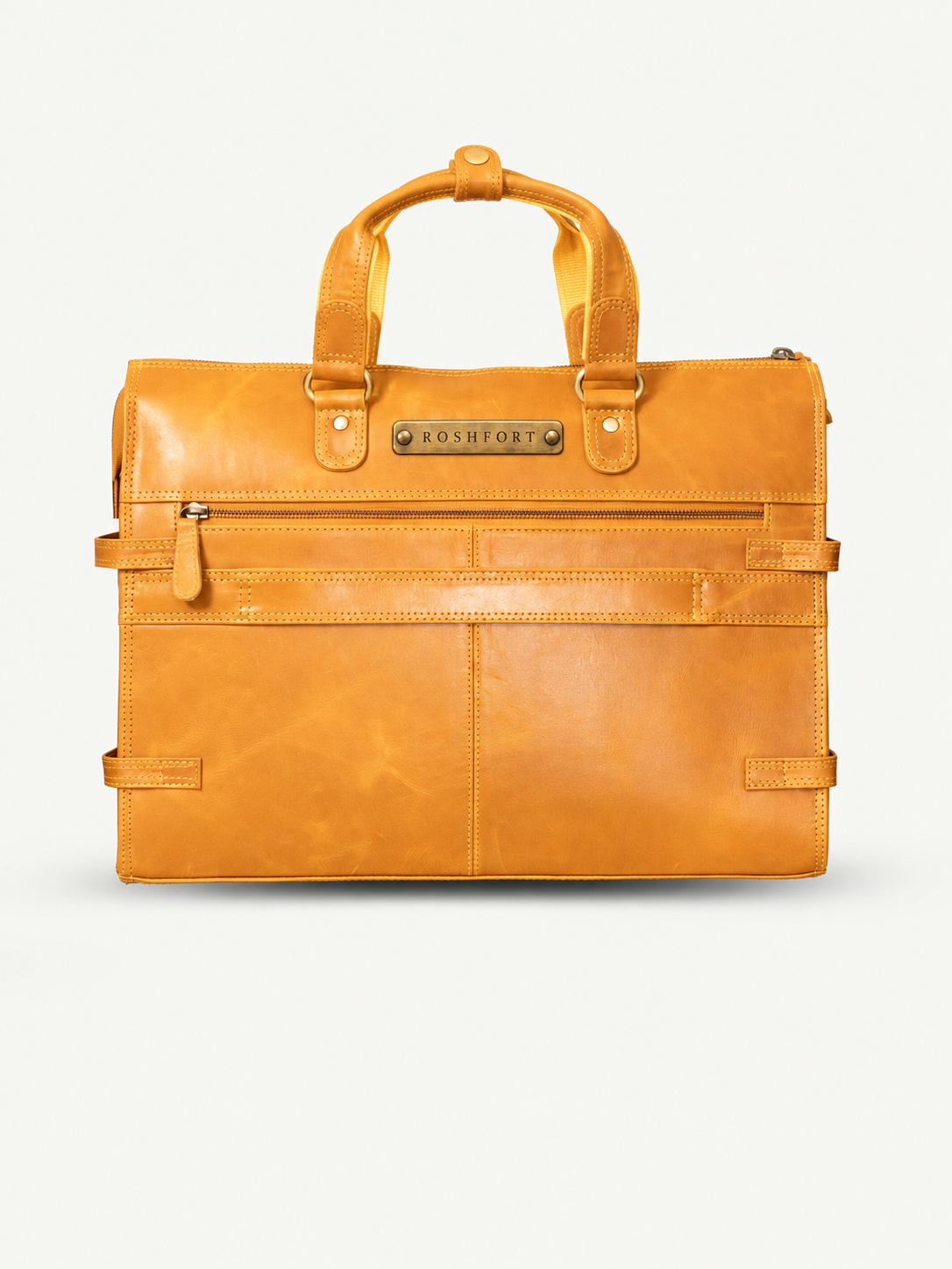 ROSHFORT Albert personalised mustard leather briefcase with engraved brass name plate