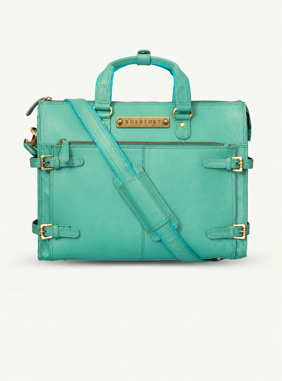 ROSHFORT Albert briefcase in teal with its detachable leather shoulder strap