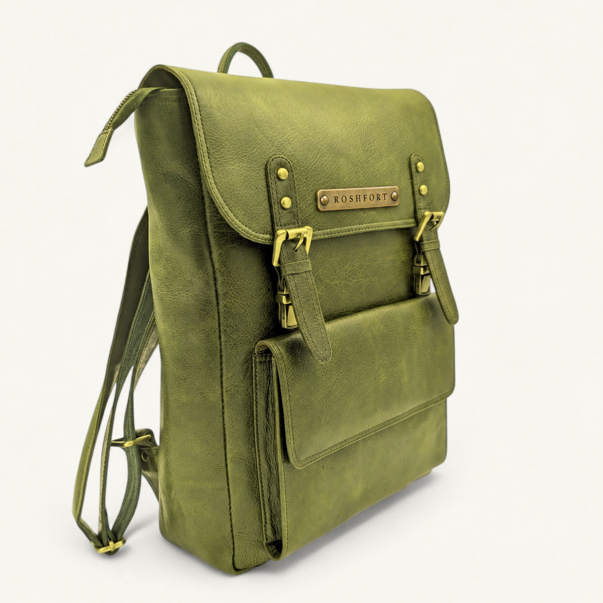 ROSHFORT Italic Royal leather backpack in olive, three quarter view