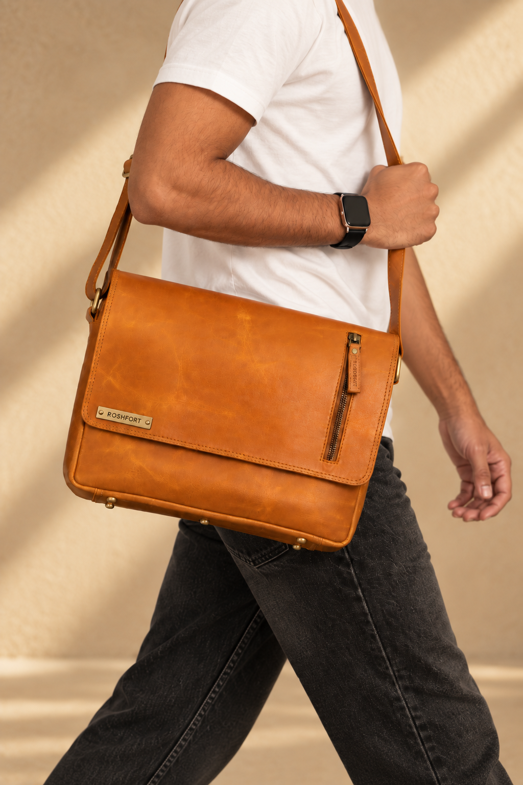Roshfort Tan Cognac Genuine Leather Messenger Bag