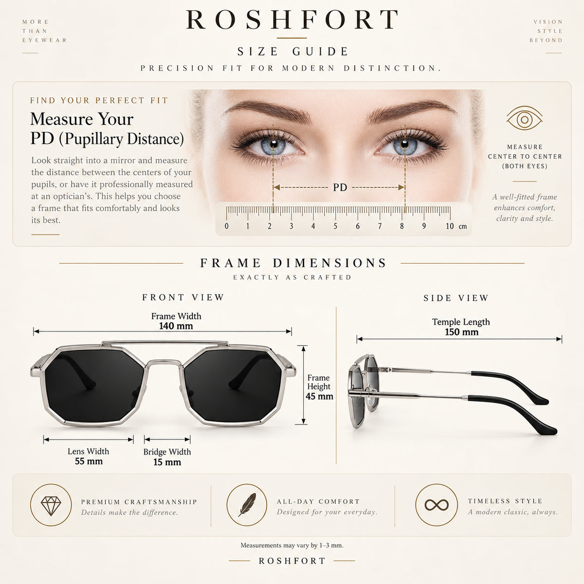 ROSHFORT silver sunglasses size guide showing front and side frame measurements.
