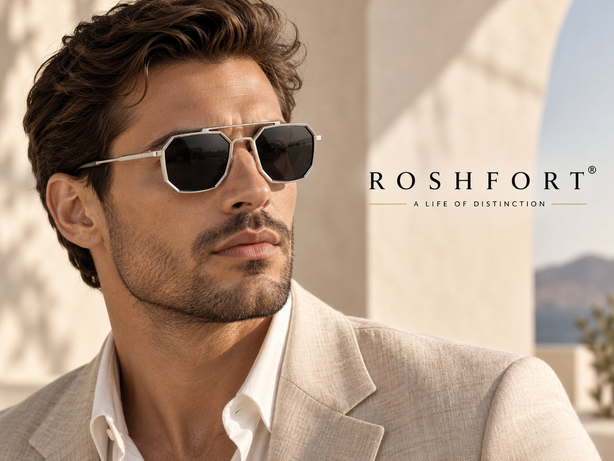 Man in a light jacket wearing silver octagonal sunglasses outdoors.