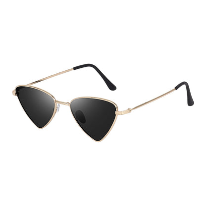 Gold triangular sunglasses side profile showing the full temple arm