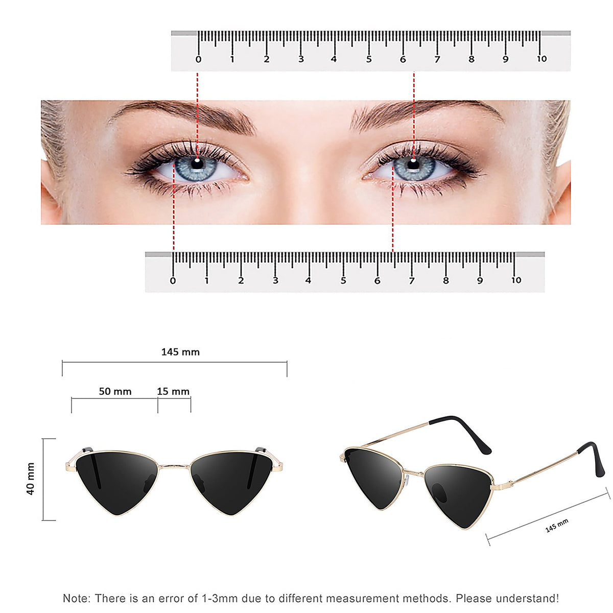 Size guide: 145 mm frame width, 50 mm lens width, 40 mm lens height, 15 mm bridge