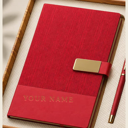 Crimson A5 diary with the recipient name pressed into the panel in gold