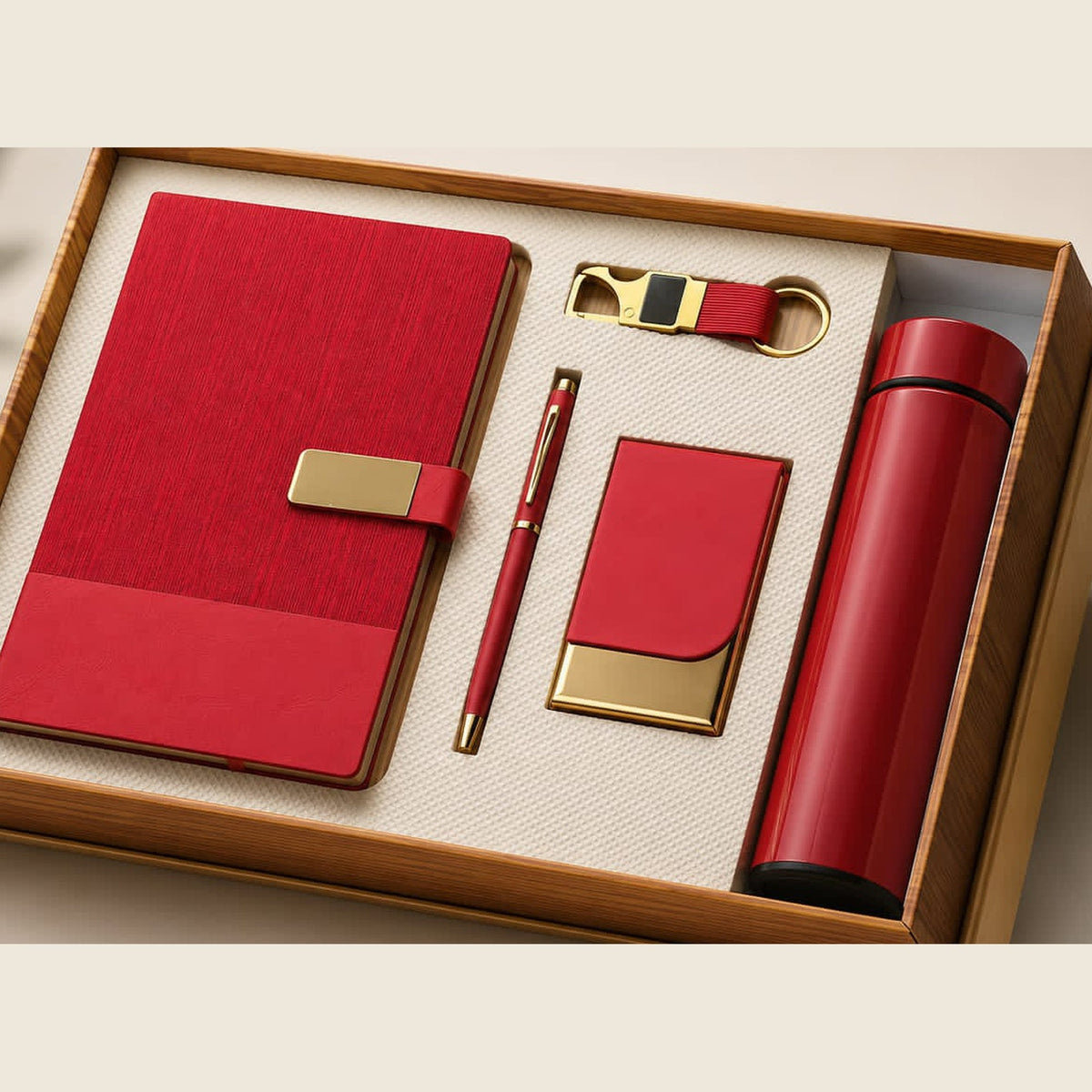 Crimson five-piece gift set in its wood presentation box