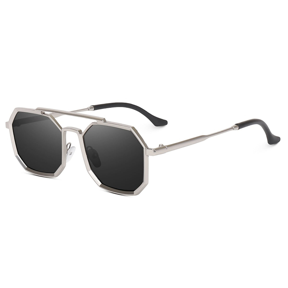 Silver octagonal sunglasses at an angle
