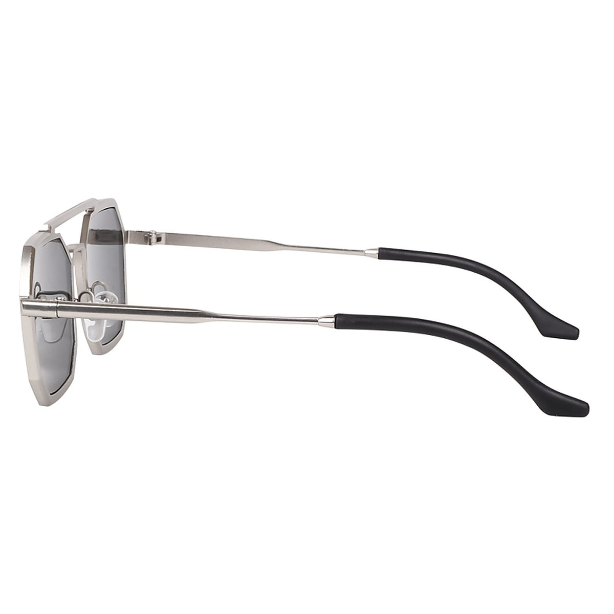 Silver octagonal sunglasses side profile showing the full temple arm