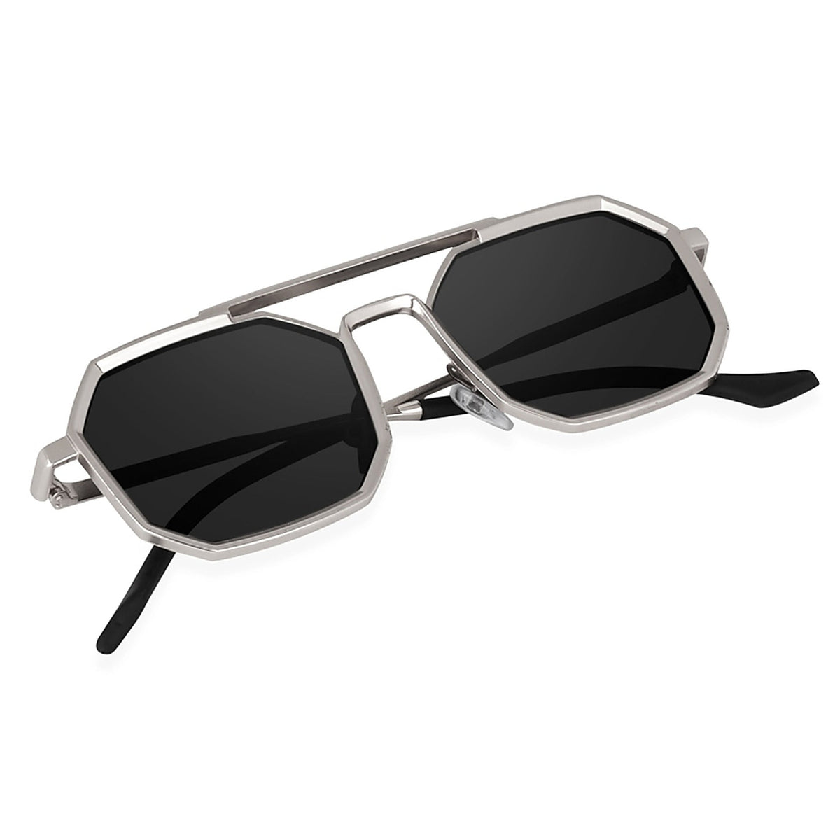 Silver octagonal double-bridge sunglasses angled view showing temple and hinge