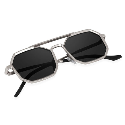 Silver octagonal double-bridge sunglasses angled view showing temple and hinge