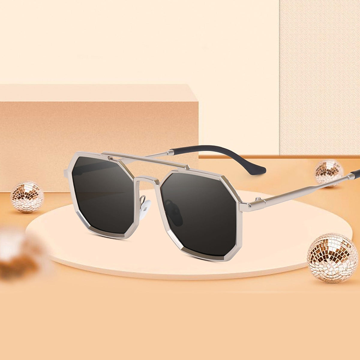 ROSHFORT silver octagonal sunglasses styled on a warm-toned set