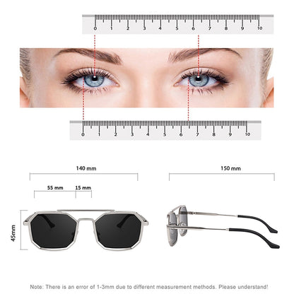 Size guide: 140 mm frame width, 55 mm lens width, 45 mm lens height, 15 mm bridge, 150 mm temple