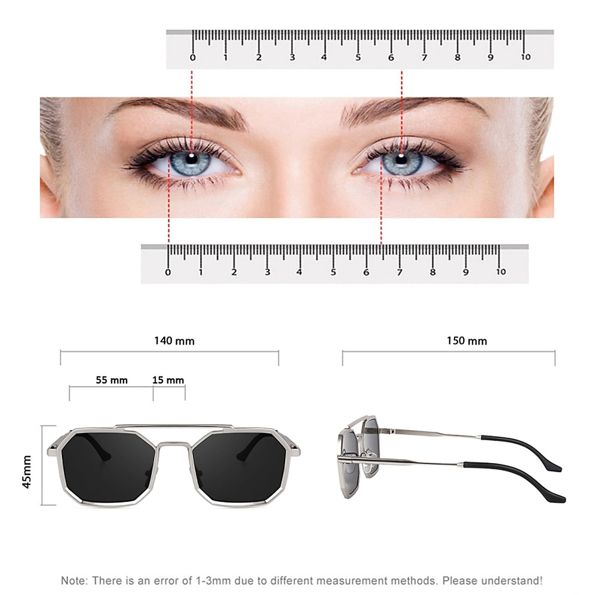 Size guide: 140 mm frame width, 55 mm lens width, 45 mm lens height, 15 mm bridge, 150 mm temple