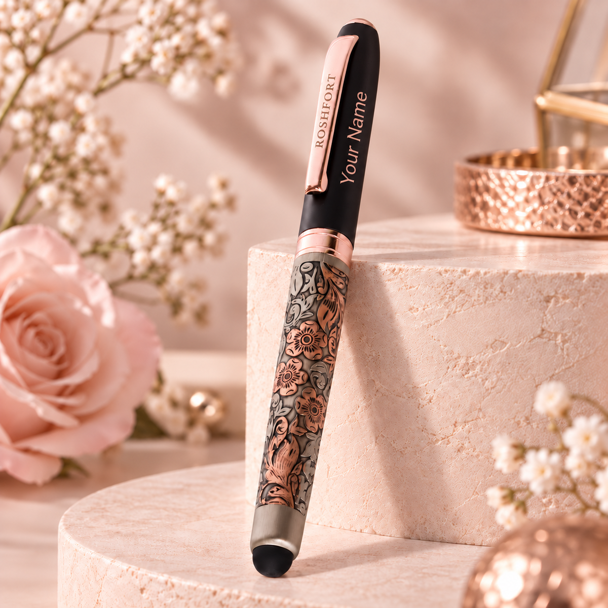 ROSHFORT Rose Gold Floral Stylus Pen - Personalised with Your Name | Golden Metal Engraving, Touch Screen Tip