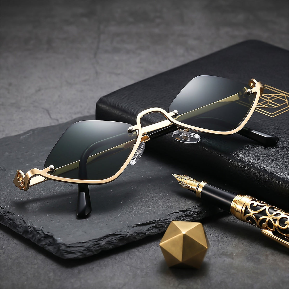 ROSHFORT gold G15 green sunglasses styled on a dark surface