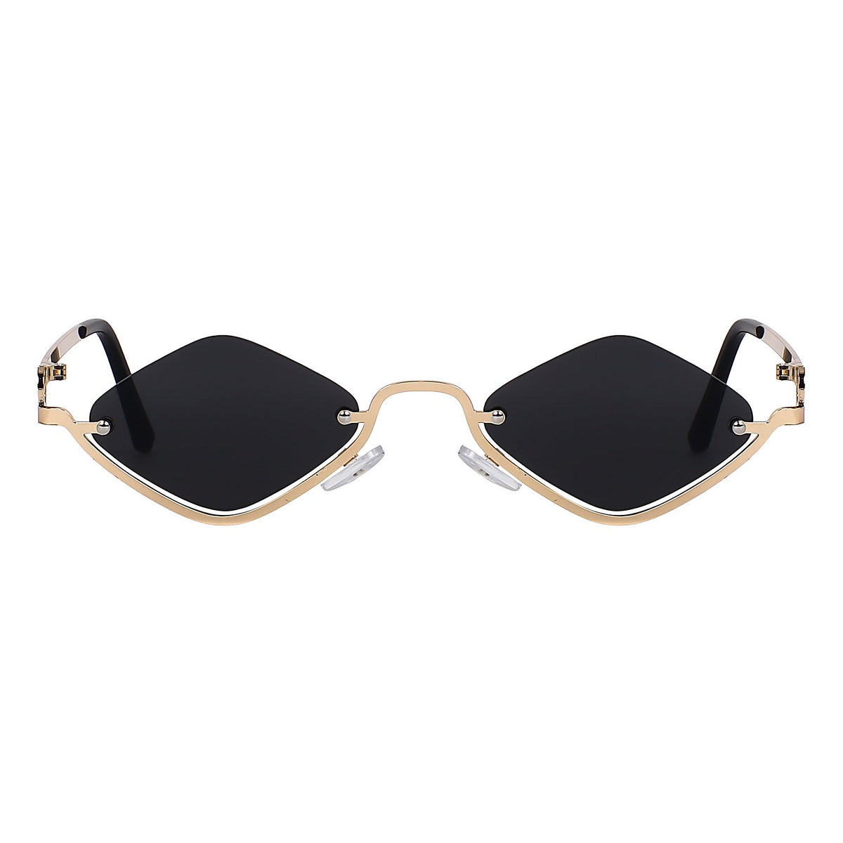 Gold faceted diamond sunglasses with dark lenses, front view