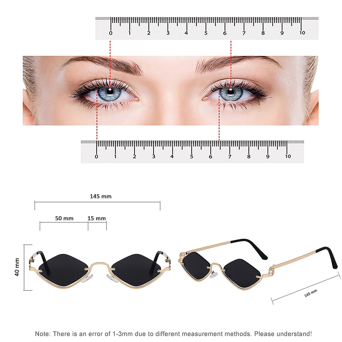 Size guide: 145 mm frame width, 50 mm lens width, 40 mm lens height, 15 mm bridge