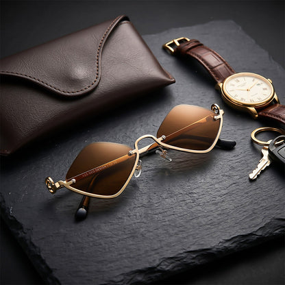 ROSHFORT gold brown sunglasses with a leather case and pocket watch