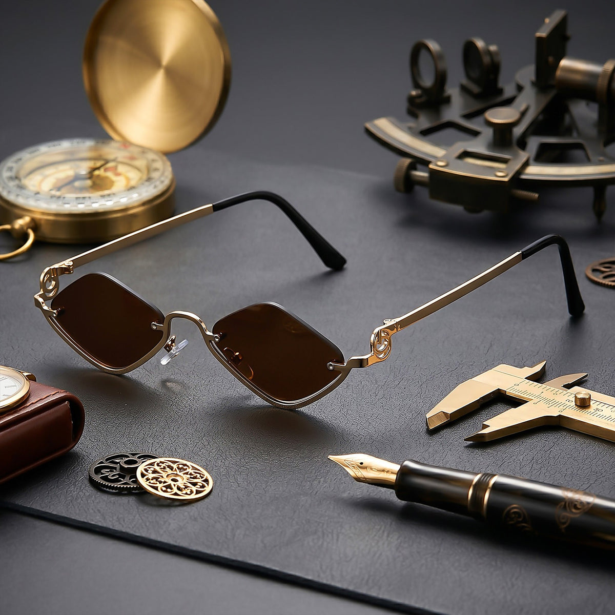 ROSHFORT gold brown sunglasses on dark slate with brass instruments