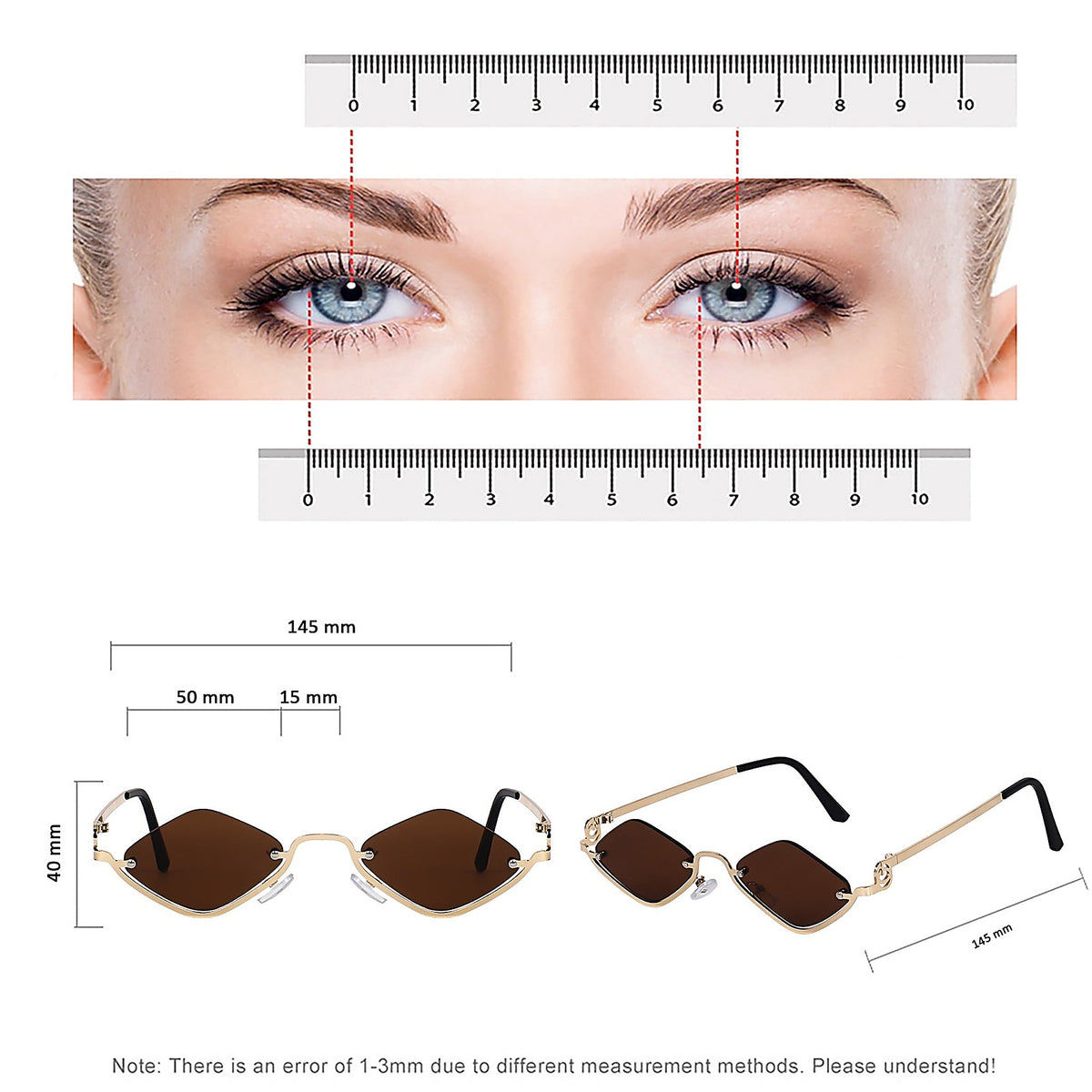 Size guide: 145 mm frame width, 50 mm lens width, 40 mm lens height, 15 mm bridge