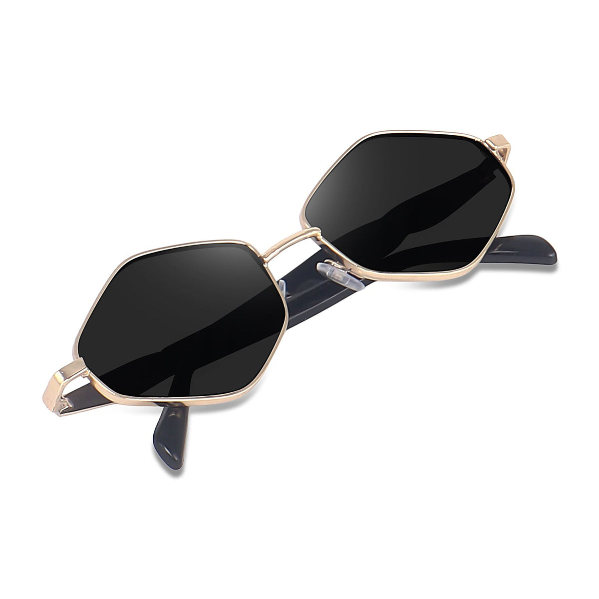 Gold hexagonal sunglasses side profile with black temple tips
