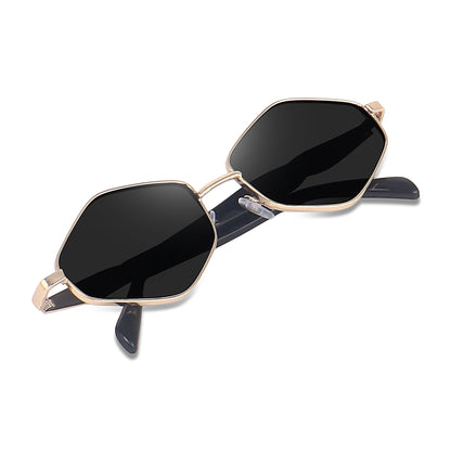 Gold hexagonal sunglasses side profile with black temple tips