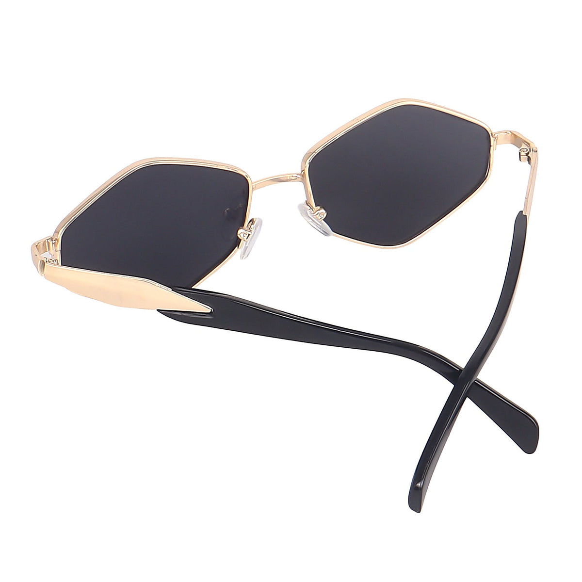 Gold hexagonal sunglasses angled view showing temple and hinge