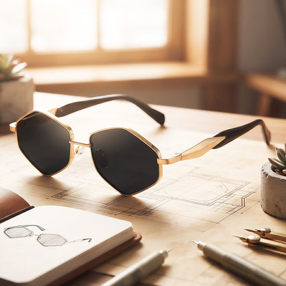 ROSHFORT gold hexagonal sunglasses on a desk with drawing tools