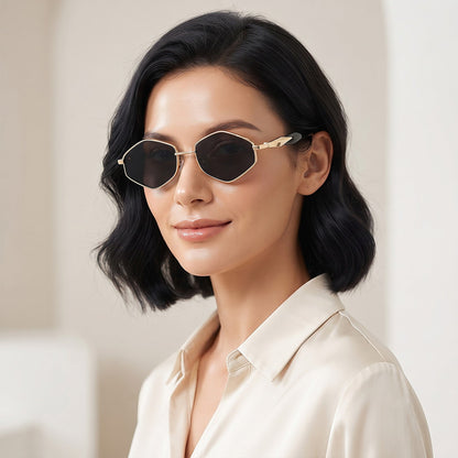 Woman wearing ROSHFORT gold hexagonal sunglasses