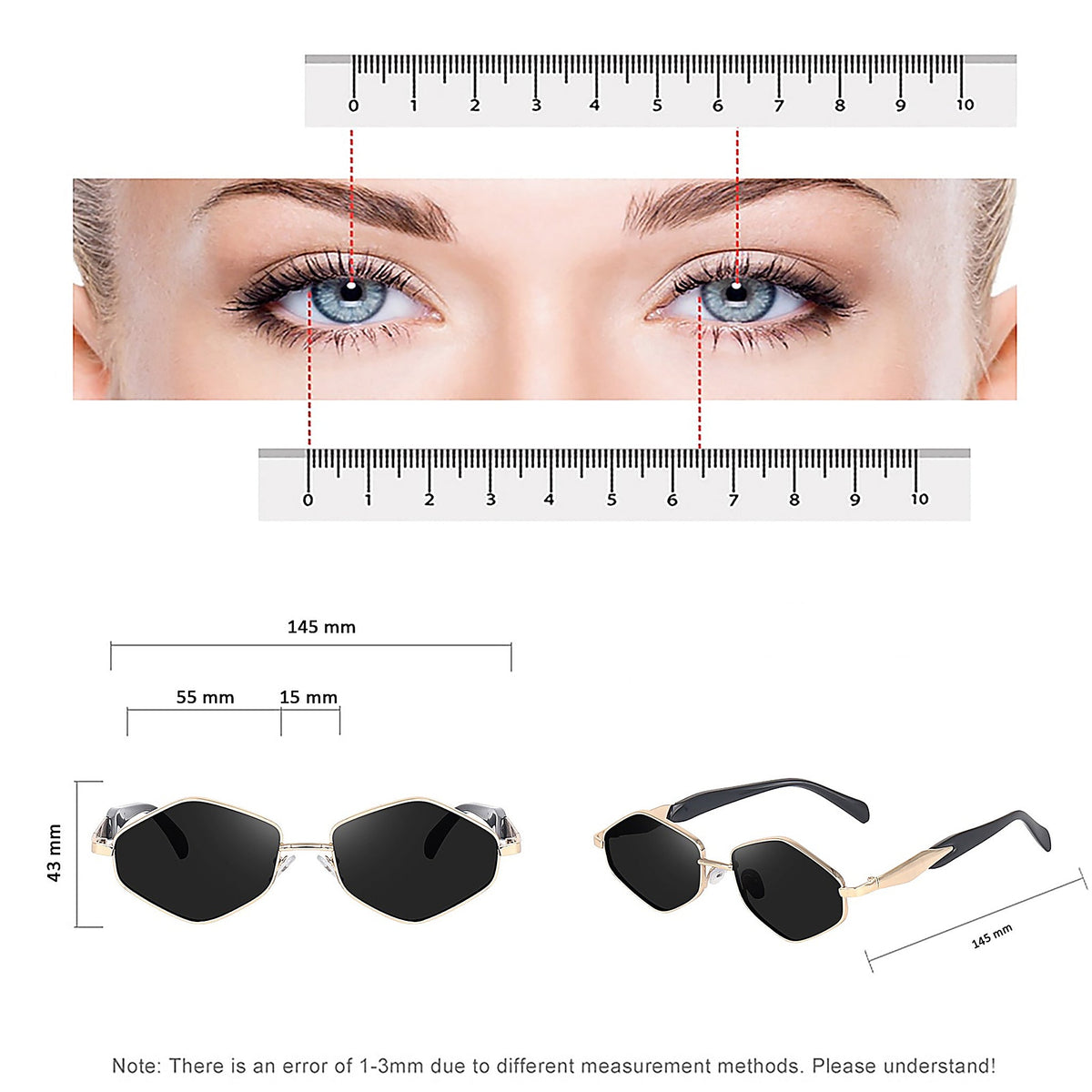 Size guide: 145 mm frame width, 55 mm lens width, 43 mm lens height, 15 mm bridge