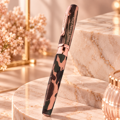 ROSHFORT Camouflage Signature Roller Pen - Personalised with Your Name | Rose Gold Trim, Army Print Body