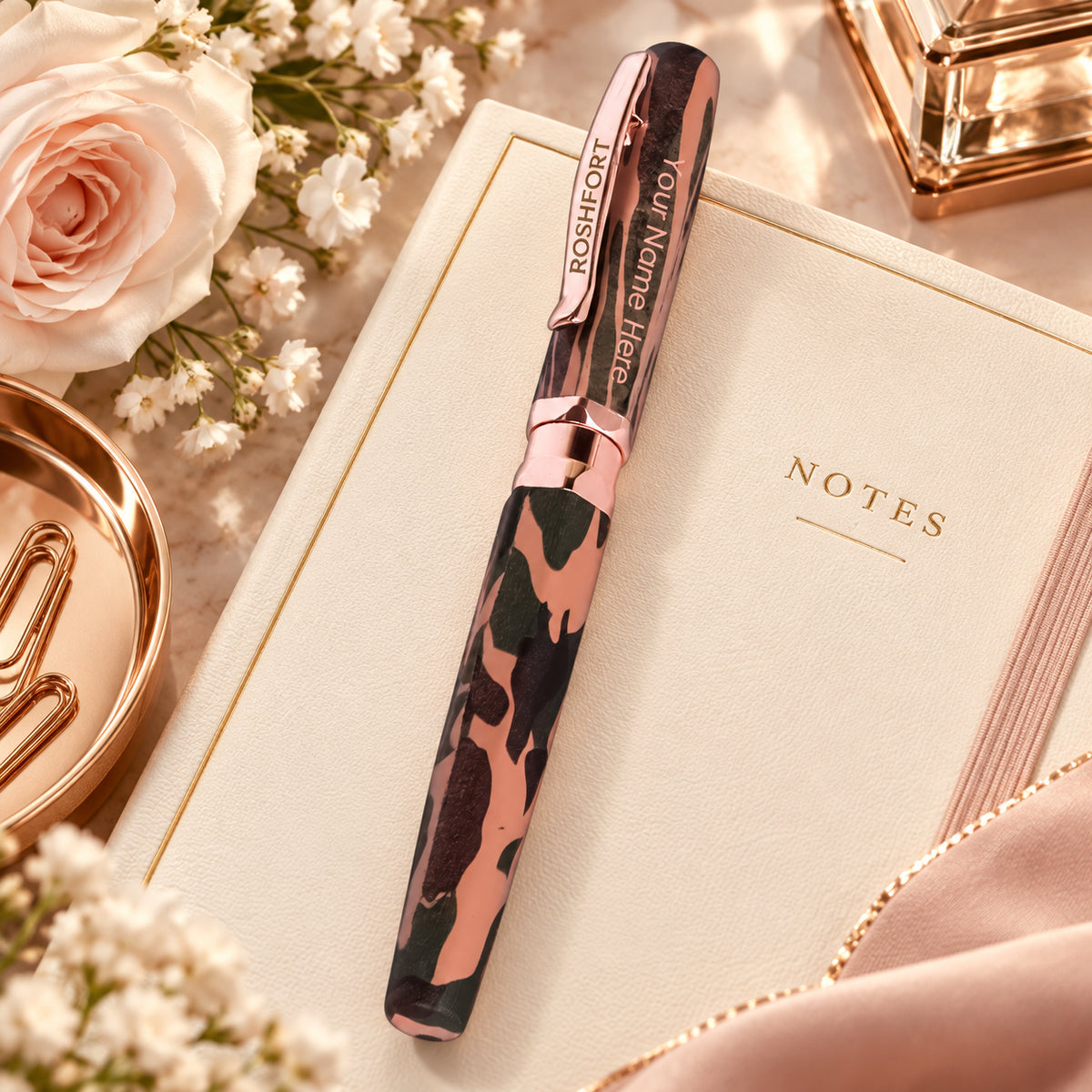 ROSHFORT Camouflage Signature Roller Pen - Personalised with Your Name | Rose Gold Trim, Army Print Body