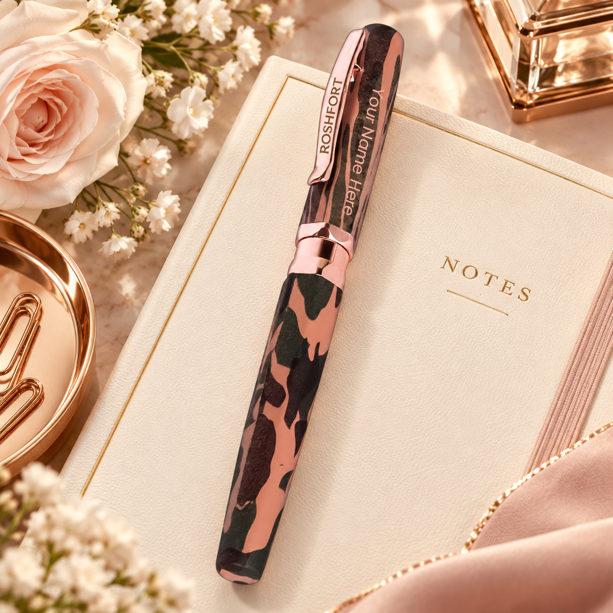 ROSHFORT Camouflage Signature Roller Pen - Personalised with Your Name | Rose Gold Trim, Army Print Body