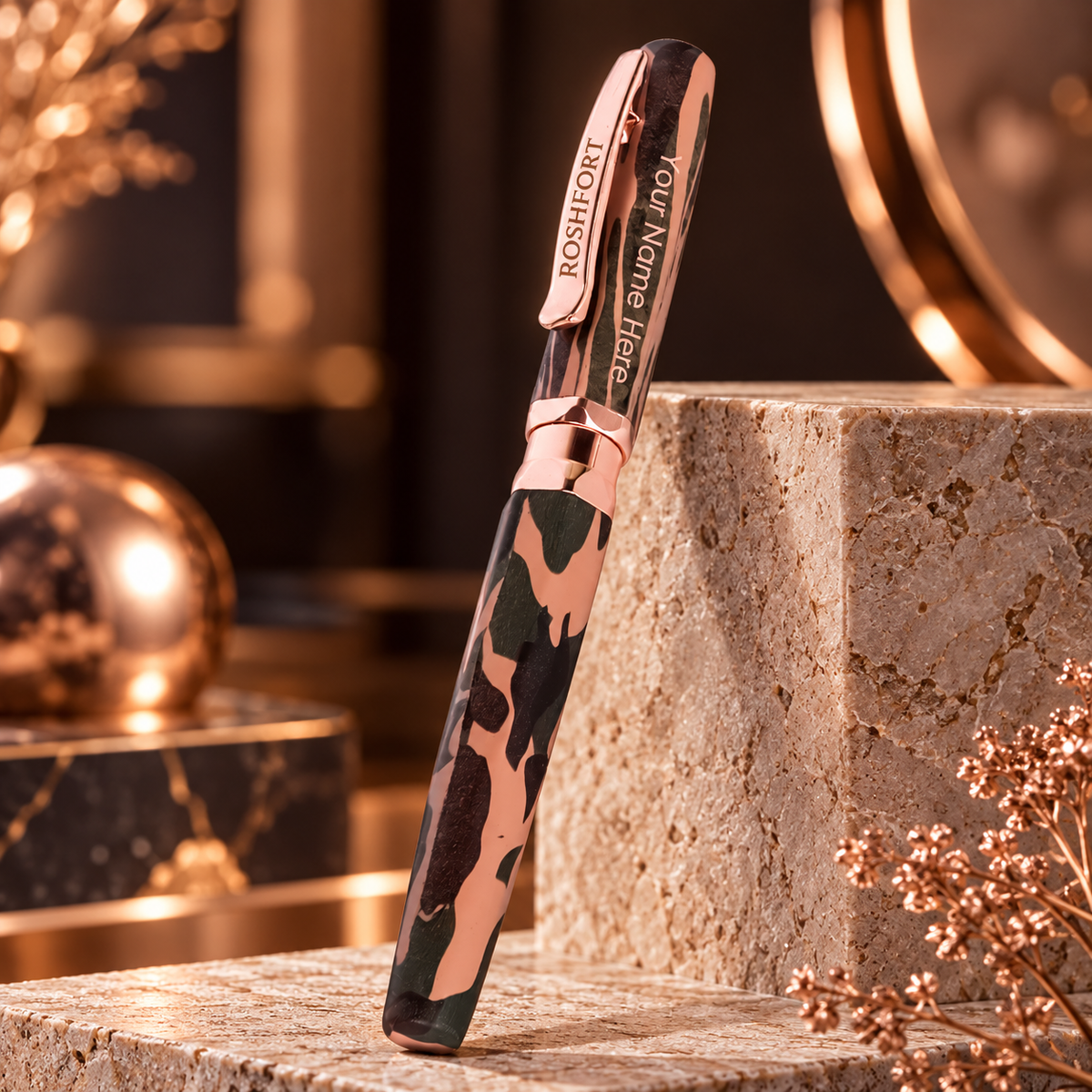ROSHFORT Camouflage Signature Roller Pen - Personalised with Your Name | Rose Gold Trim, Army Print Body