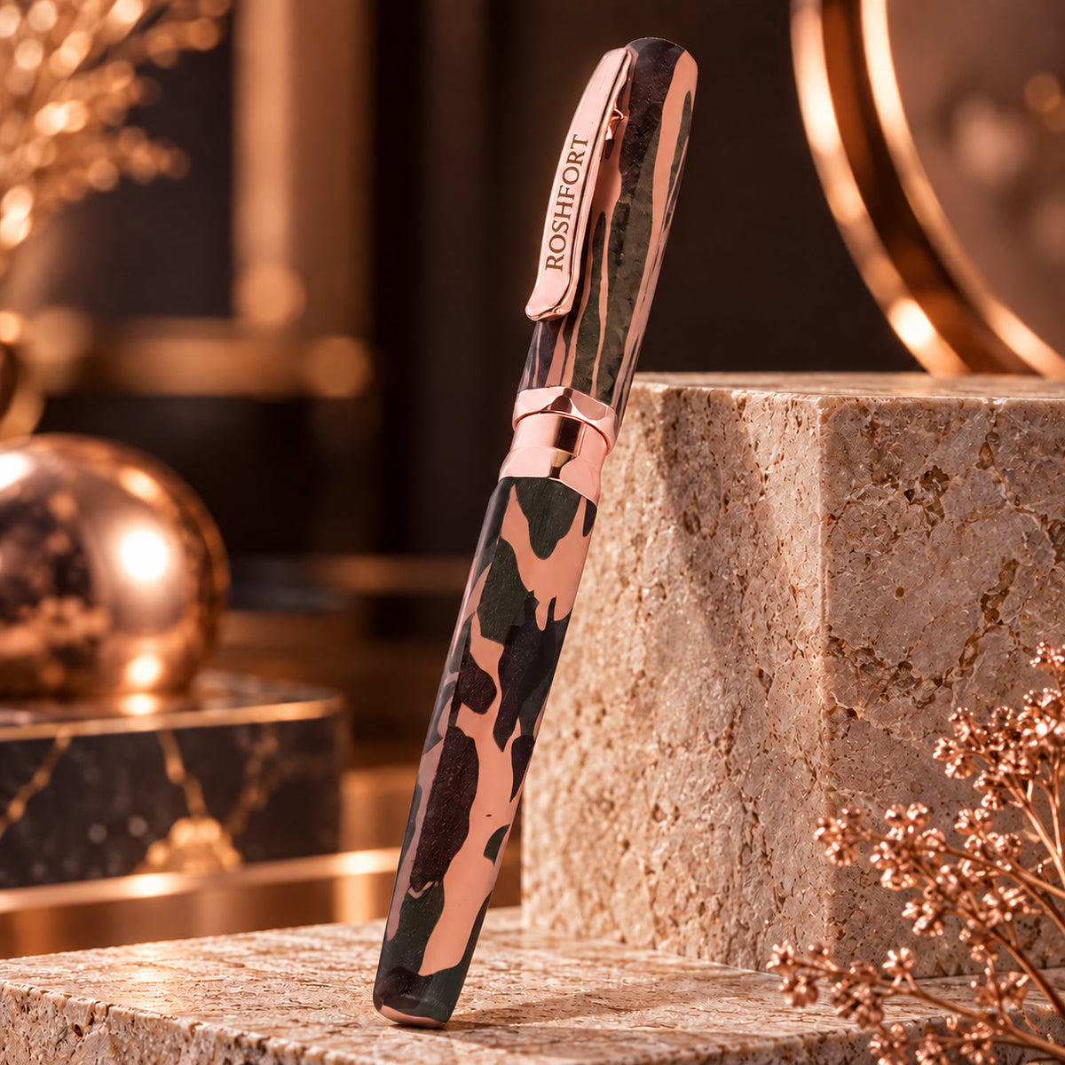 ROSHFORT Camouflage Signature Roller Pen | Rose Gold Trim, Army Print Body