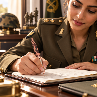 ROSHFORT Camouflage Signature Roller Pen | Rose Gold Trim, Army Print Body