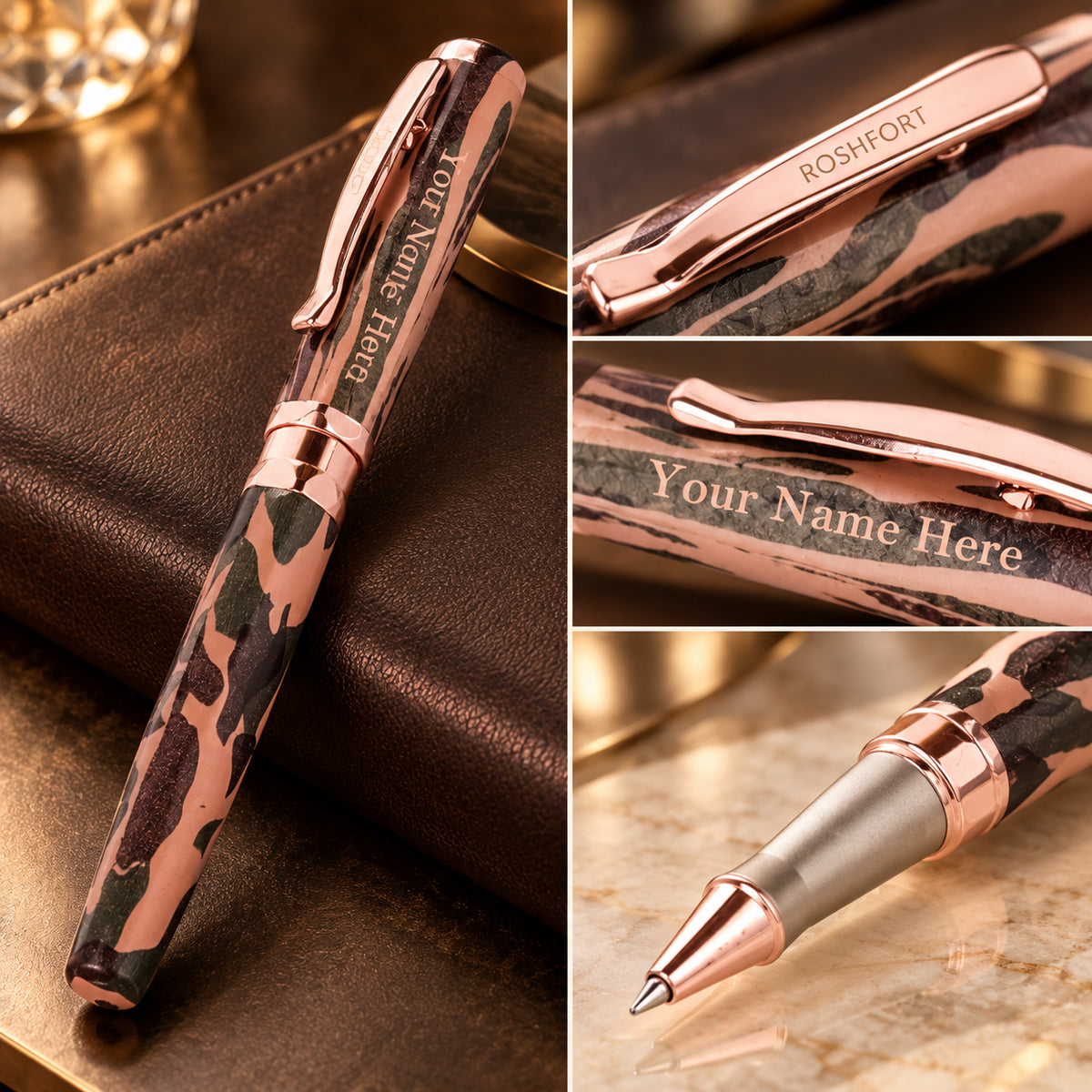 ROSHFORT Camouflage Signature Roller Pen - Personalised with Your Name | Rose Gold Trim, Army Print Body