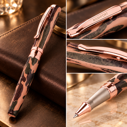 ROSHFORT Camouflage Signature Roller Pen | Rose Gold Trim, Army Print Body