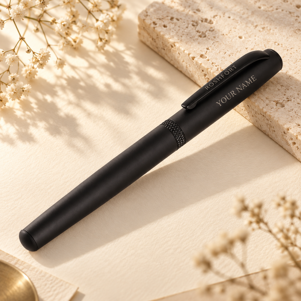 ROSHFORT Matte Black Signature Roller Pen - Personalised with Your Name | Magnetic Cap, Laser-Branded Clip