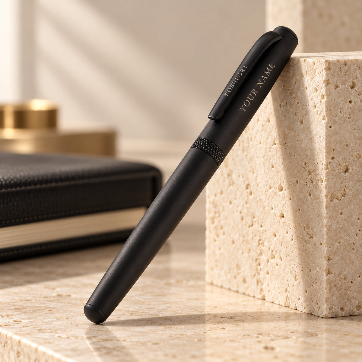 ROSHFORT Matte Black Signature Roller Pen - Personalised with Your Name | Magnetic Cap, Laser-Branded Clip