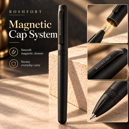 ROSHFORT Matte Black Signature Roller Pen - Personalised with Your Name | Magnetic Cap, Laser-Branded Clip