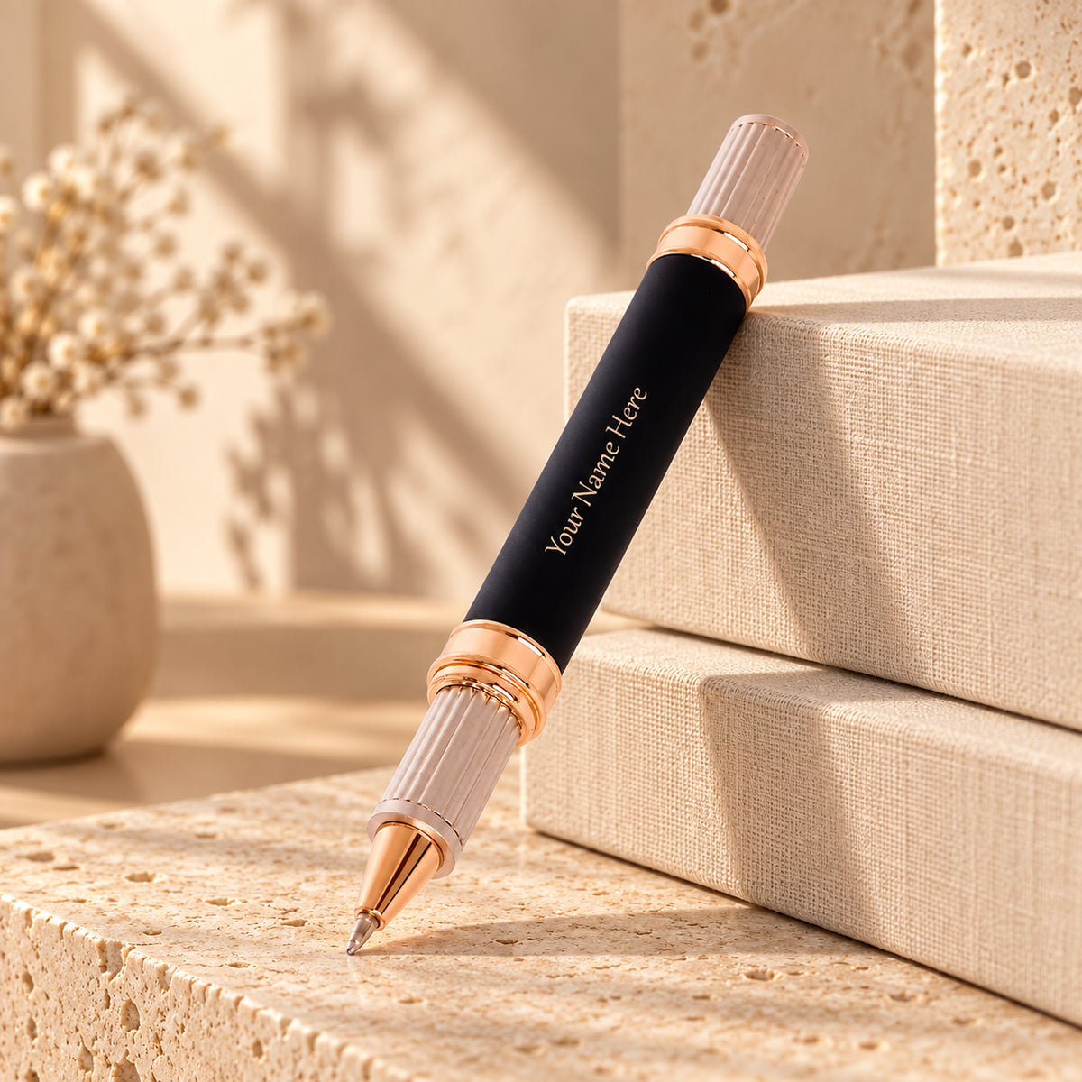ROSHFORT Sovereign Signature Roller Pen - Personalised with Your Name | Matte Black, Rose Gold Detailing