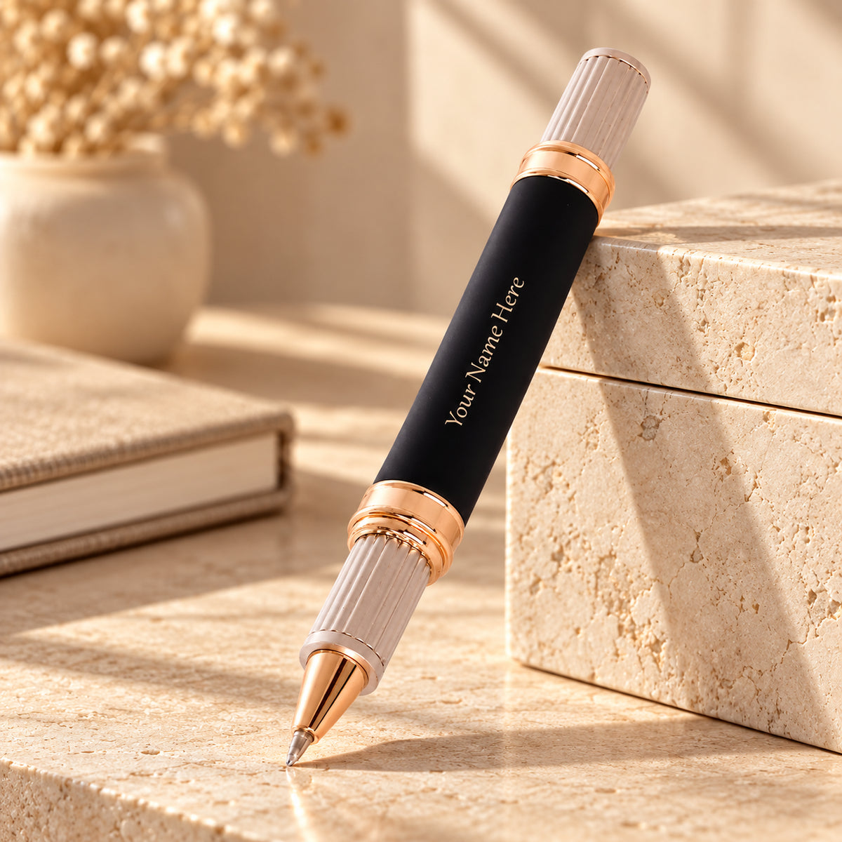 ROSHFORT Sovereign Signature Roller Pen - Personalised with Your Name | Matte Black, Rose Gold Detailing