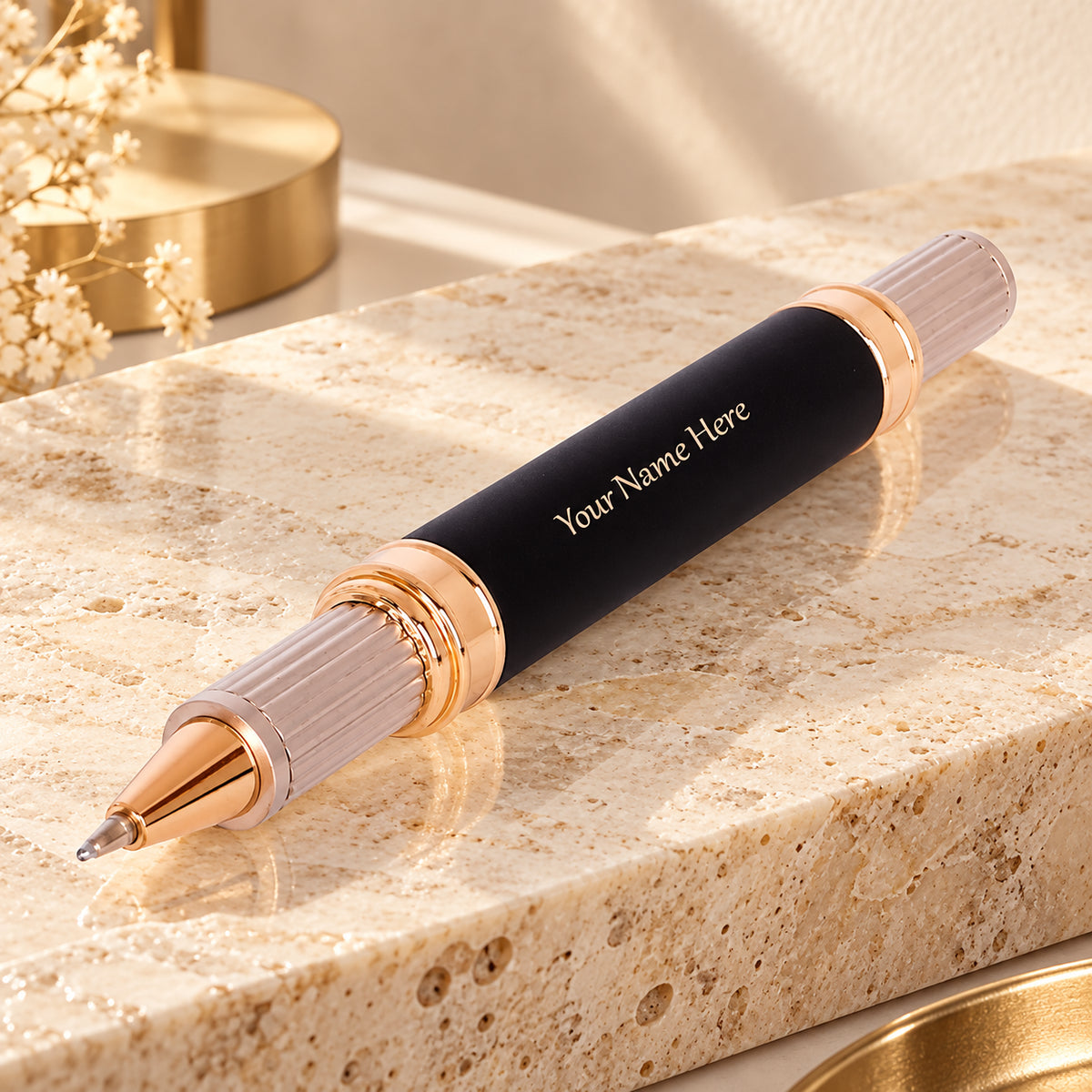 ROSHFORT Sovereign Signature Roller Pen - Personalised with Your Name | Matte Black, Rose Gold Detailing