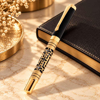 ROSHFORT Openwork Lattice Signature Roller Pen | Gold Detailing, Sculpted Metal Body