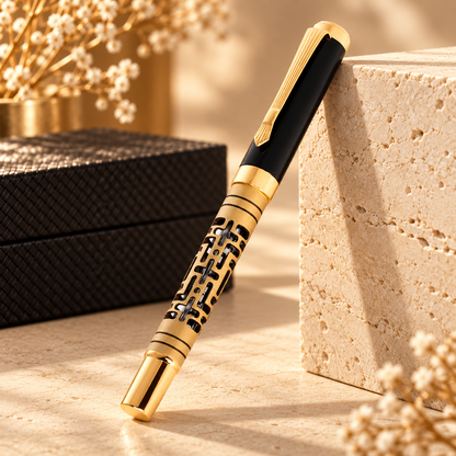 ROSHFORT Openwork Lattice Signature Roller Pen | Gold Detailing, Sculpted Metal Body