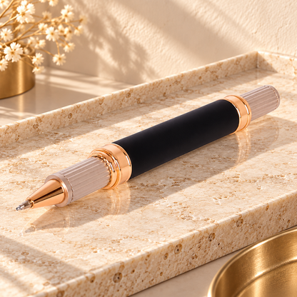 ROSHFORT Sovereign Signature Roller Pen | Matte Black Broad Barrel, Rose Gold Fluted Cap